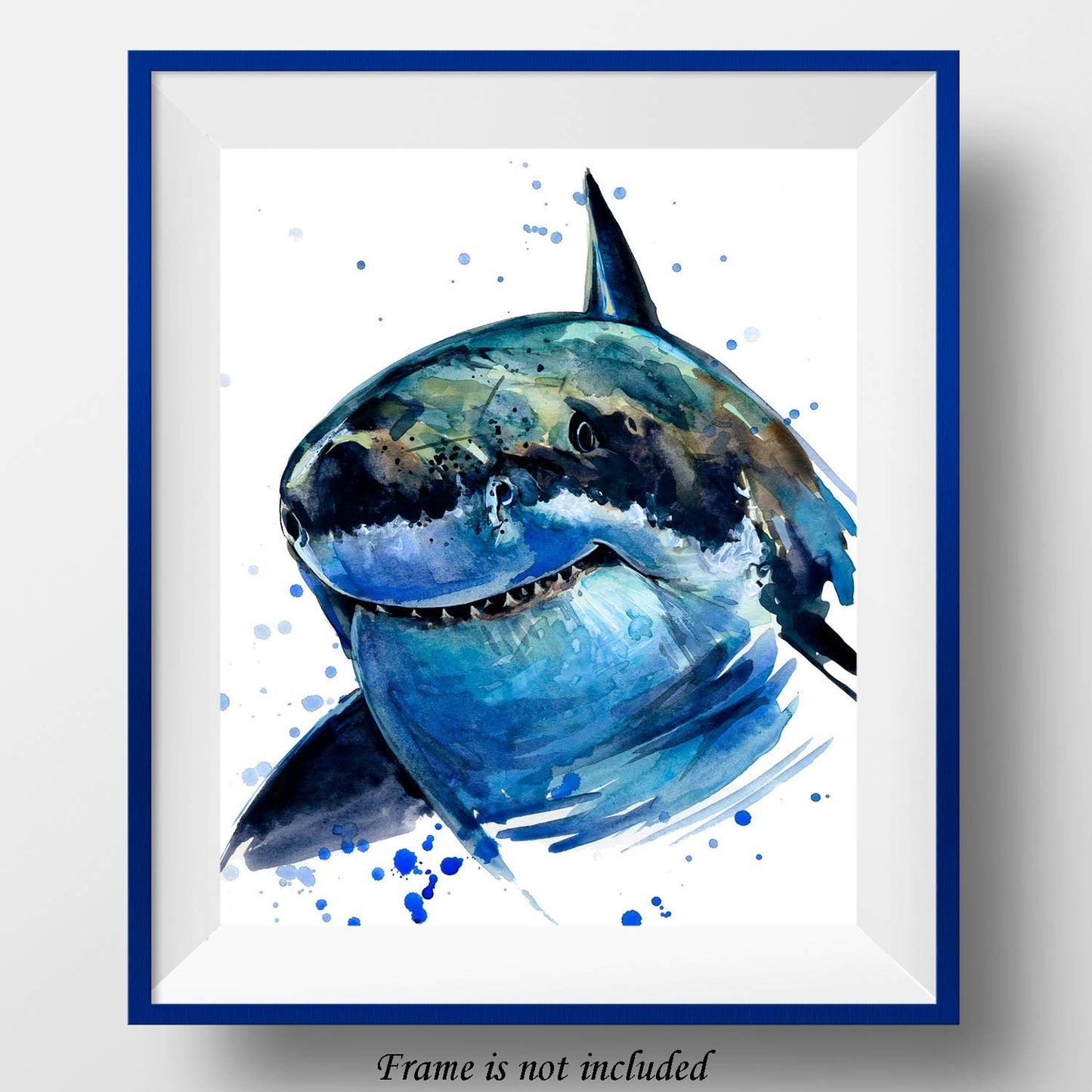 7Dots Art. Sea Animals. Watercolor Art Print, poster 8"x12" (A4) on Fine Art thick Watercolor paper for living room, bedroom, bathroom, kid's room. Wall art decor with Sea Animals. (Shark)