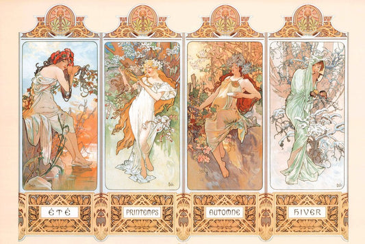 Alphonse Mucha Four Seasons Series Alphonse Mucha Art Nouveau Art Prints Mucha Print Art Nouveau Decor Vintage Advertisements Art Poster Ornamental Design Mucha Cool Wall Decor Art Print Poster 12x18