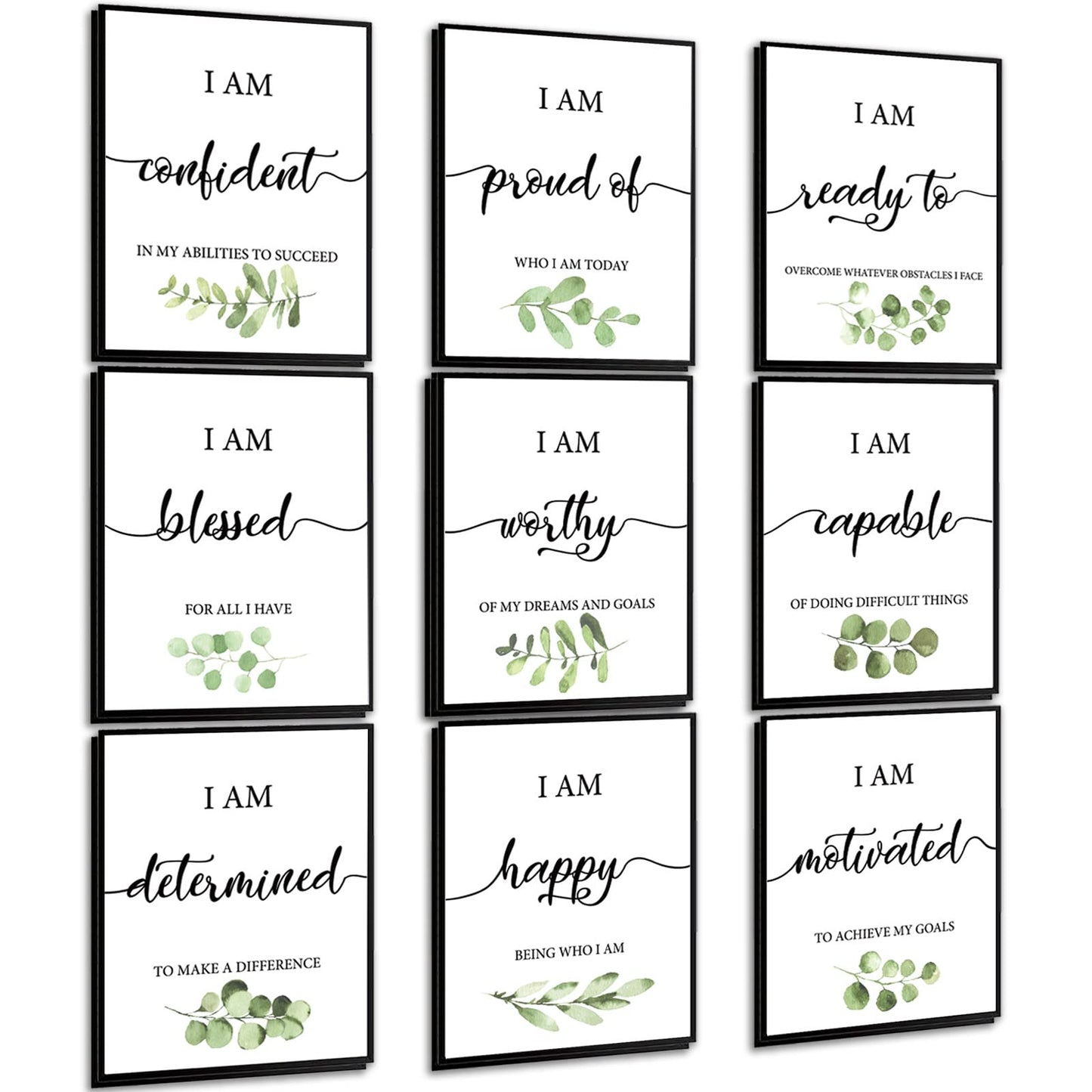 Whaline 9Pcs Inspirational Wall Art Prints Greenery Theme Paper Wall Arts Motivational Classroom Art Poster for School Home Dormitory Living Room Decoration, 8 x 10 Inch, Unframed