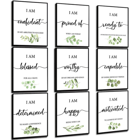 Whaline 9Pcs Inspirational Wall Art Prints Greenery Theme Paper Wall Arts Motivational Classroom Art Poster for School Home Dormitory Living Room Decoration, 8 x 10 Inch, Unframed