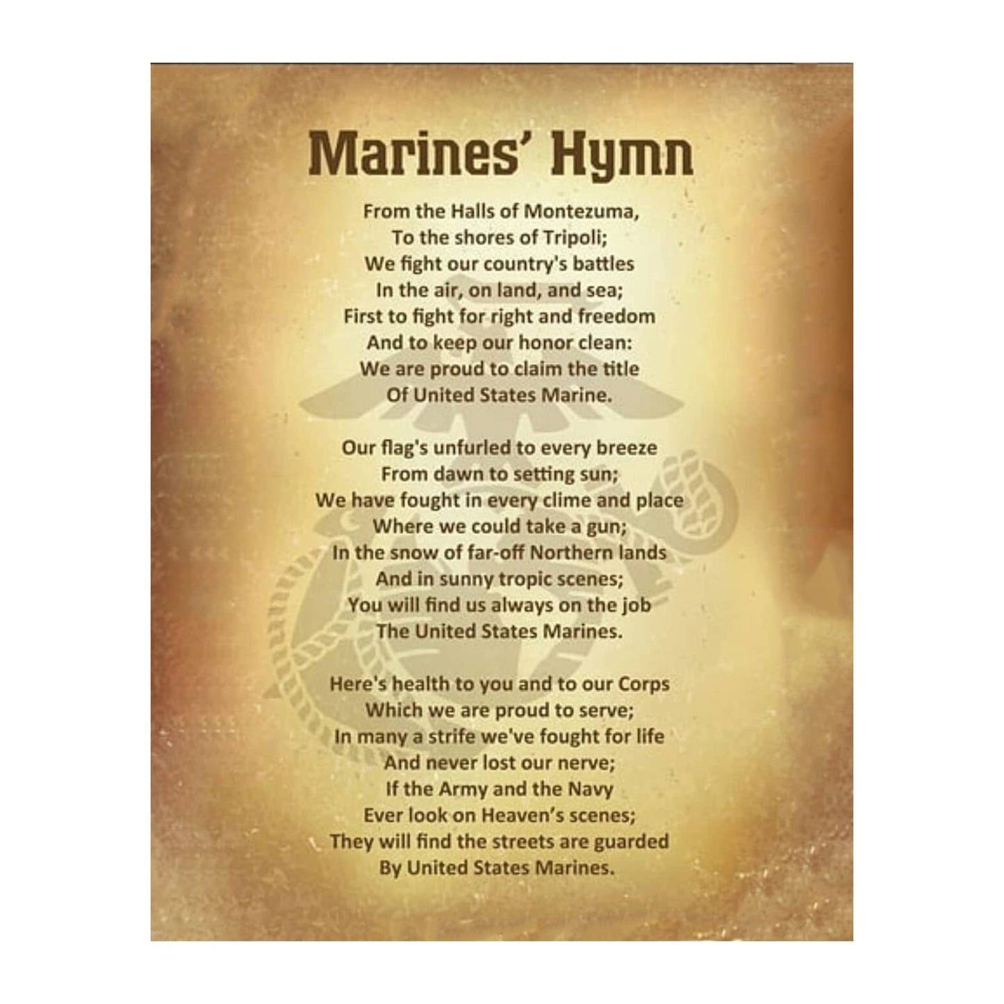 Marine Corps Hymn - Song Lyrics Wall Art Poster, This Ready to Frame Distressed Parchment Replica Logo Wall Art Decor Print is Good For Music Room, Office, and StudioRoom Decor, Unframed - 8X10”