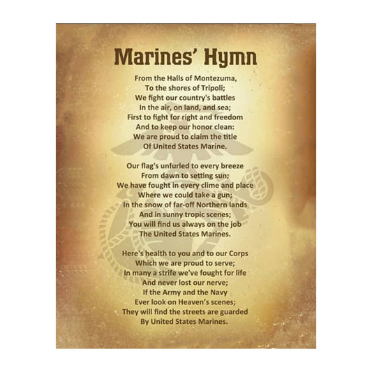Marine Corps Hymn - Song Lyrics Wall Art Poster, This Ready to Frame Distressed Parchment Replica Logo Wall Art Decor Print is Good For Music Room, Office, and StudioRoom Decor, Unframed - 8X10”