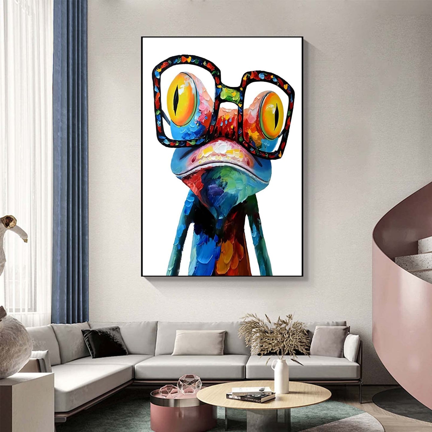 Cute Frog Wall Art Canvas Paintings Colorful Funny Frog with Glasses Pictures, Abstract Animals Canvas Wall Art Posters Prints for Bedroom Living Room Kitchen Bathroom Office Wall Decor