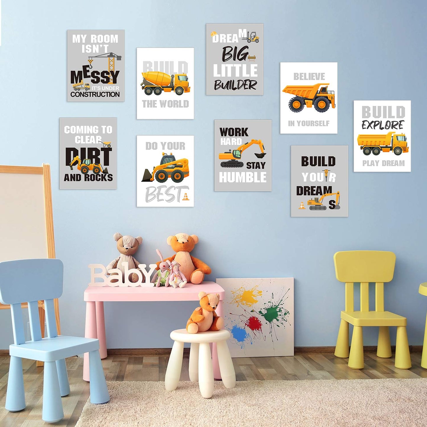 Outus Set of 9 Construction Trucks Inspirational Quote Art Print Transport Vehicle Motivational Phrases Wall Art Poster Nursery or Kids Room Decoration Unframed, 8 x 10 Inch