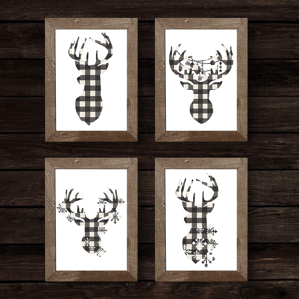 Miss Kate Cuttables 8x10 Prints - Cream & Black Buffalo Check Reindeer Head Silhouettes - Christmas Decoration Art for Frames | Set of 4 Wall Prints Posters (Unframed)