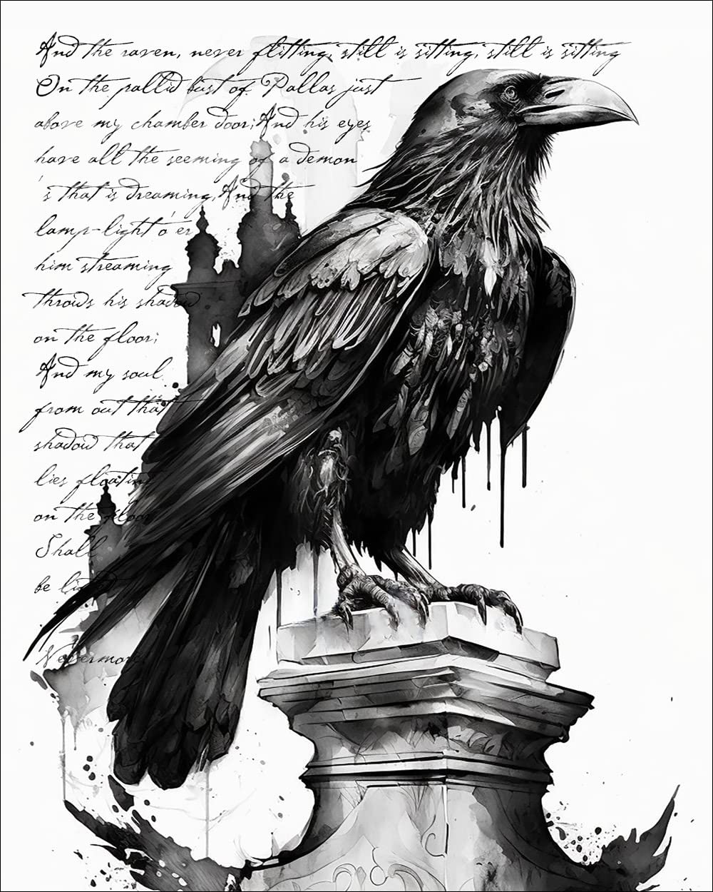 7Dots Art. Ink wall art series inspired by Wednesday and Edgar Po's Nevermore. Watercolor Ink Art Print, poster 8"x10" on Fine Art thick Watercolor paper. For the living room, bedroom, and kid's room.