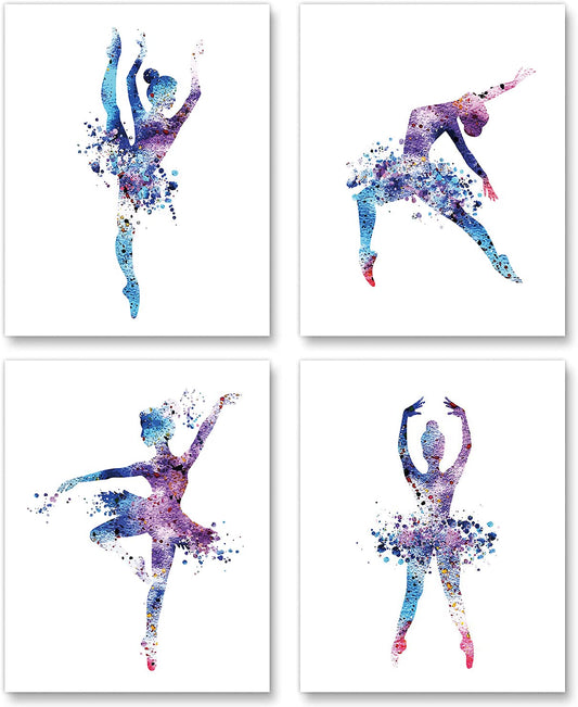 Watercolor Ballet Prints Ballerina Dancers Wall Art Woman Dancing Decor Girls Room Women Bedroom Decor Colorful Poster Classroom Decoration Elegant Gift for Girls (8x10 inch，Set of 4，Unframed)