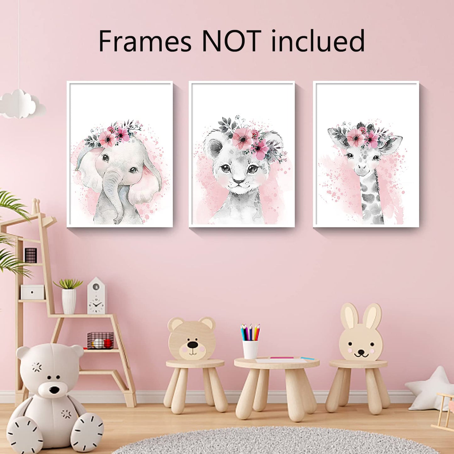 3pcs/set Kid Posters, Cute Animals Wall Art Kawaii Elephant Lion Giraffe Posters Floral Canvas Paintings Print Picture For Kids Room Nursery Decor Art(Kawaii Animals, 8"x12"x3pcs Unframed)