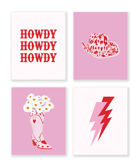 LiTiu Cowgirl Hat Daisy Flower Boot Howdy Lightning Preppy Hot Pink Wall Art Poster Prints Decor, 8”x10”Set Of 4, Preppy Artwork Teen Girls Gifts for women, Decoration For Girls Room