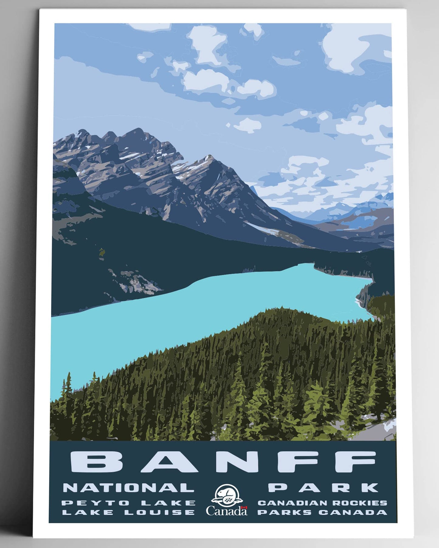 GO SEE DESIGN Banff National Park Travel Poster/Postcard - 8x10-12x18-18x24-24x36 / 4x6 WPA Style Art Print Peyto Lake Parks Canada Parcs Canada Alberta (8x10 Inch Poster)