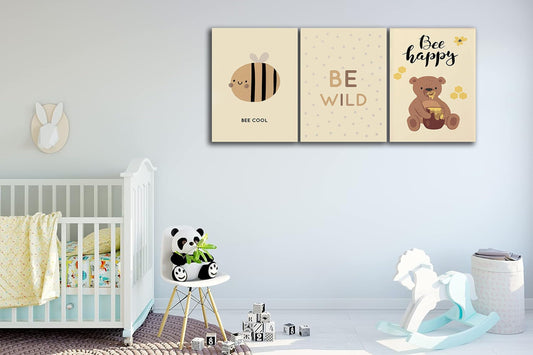 Nursery Wall Art, Be Wild Canvas Posters, Set Of 3(8”X10”) unframed Colorful Honey Bear Room Decor Classroom Artwork Boho Weather Kids Art Prints Wall Decor For Girls Room Boy Bedroom