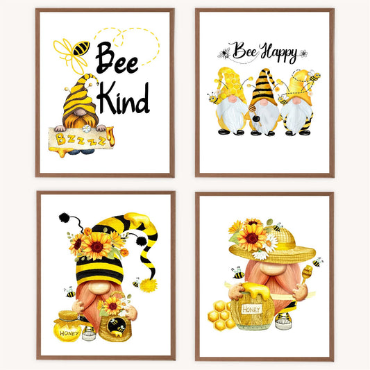VNWEK Bee Kind Bee Happy Cute Sunflower Gnome Floral Inspirational Wall Art Poster Prints Unframed 8”x10”Set Of 4,Funny Gnome Decorations for Home Kitchen Girls Room,Gnome Lovers Women Girls Gifts