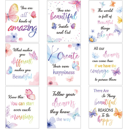 9 Set Watercolor Butterfly Inspirational Quote Wall Poster Prints 8 x 10 Inch Butterfly Motivational Saying Girls Room Decor Butterfly Pictures Decor Butterfly Wall Decals with 30 Glue Point Dots