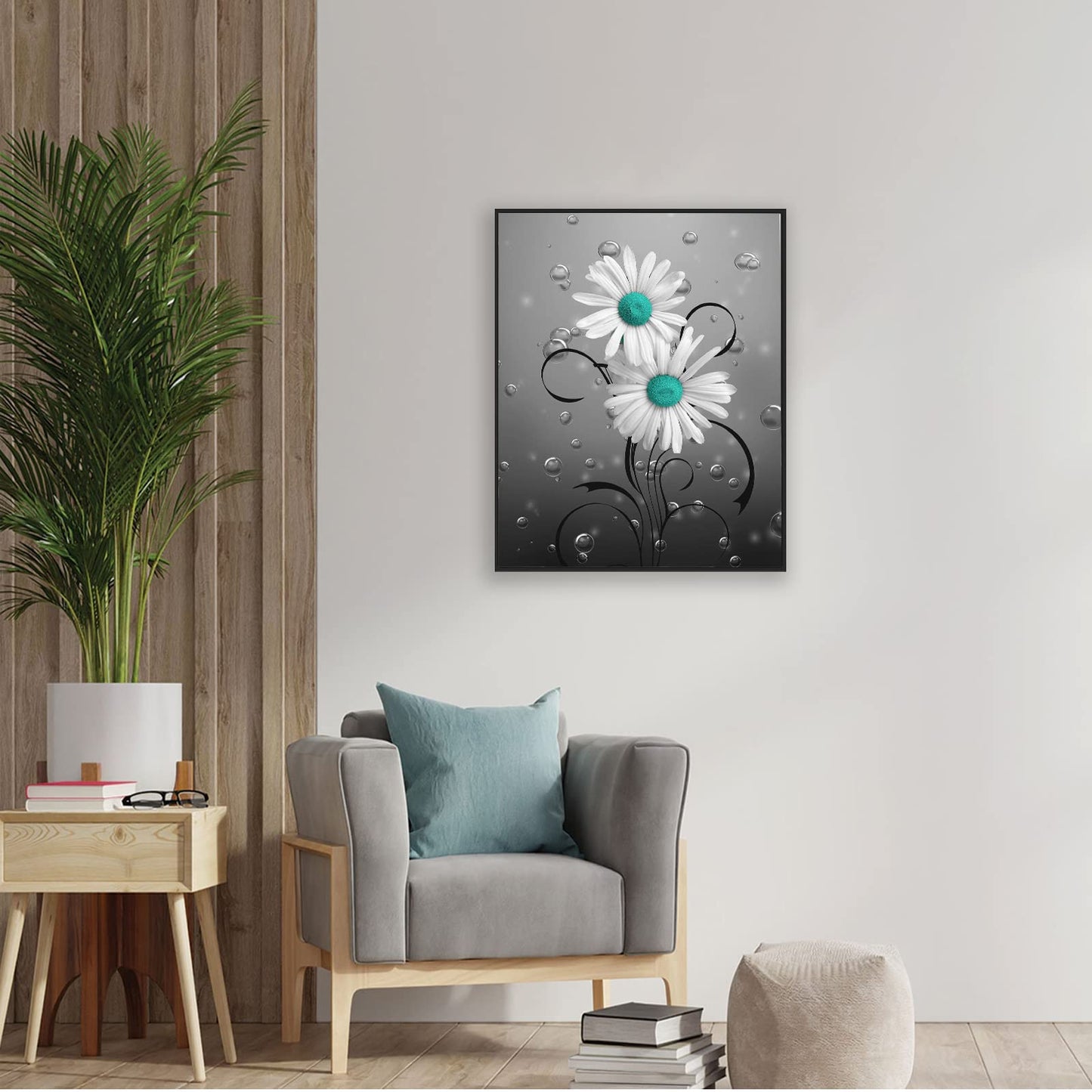 Daisy Canvas Wall Art Flower Bathroom Art Abstract Teal Daisy Poster White Flower Canvas Painting Rustic Daisy Wall Art Decor Country Floral Poster Prints for Living Room Bedroom (Unframed,16x20inch)