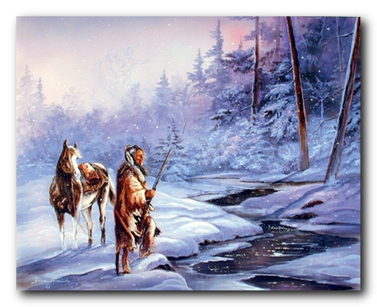 Native American Indian Horse Shadow Snow Forest Nature Wall Decor Art Print Poster (16x20)