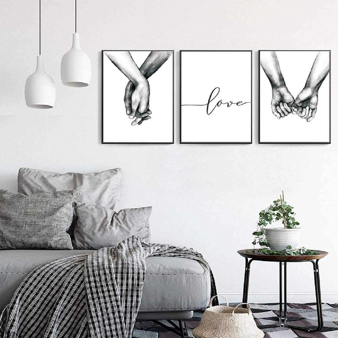 Love and Hand in Hand Wall Art Canvas Print Poster Black and White Sketch Art Line Drawing Decor for Living Room Bedroom (Set of 3 Unframed, 8x10 inches)