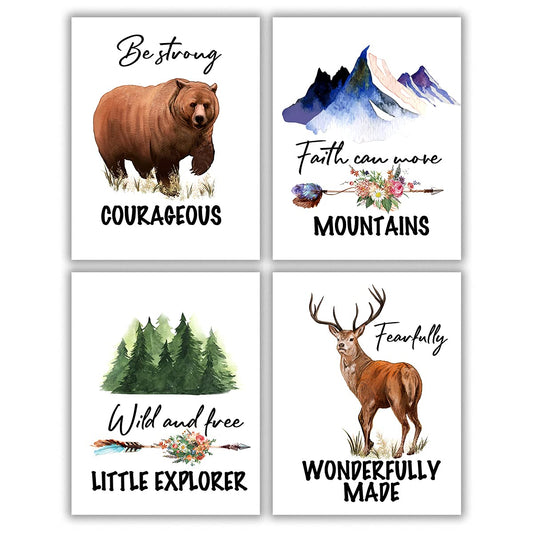 MTL HOE Woodland Inspirational Quote Art Print, Watercolor Forest Animals Bible Verse Poster Picture, For Children’s Classroom, Playroom Nursery Wall Art Kids Room Decor(Set of 4 Unframed, 8X10in)