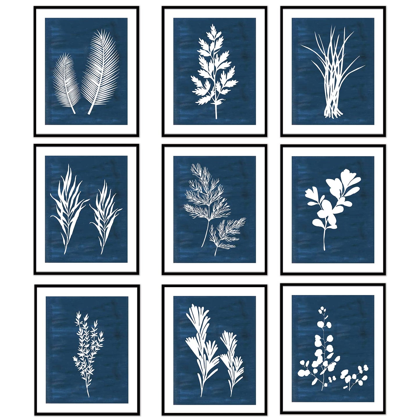 DRBLUEB 9 Pieces Botanical Wall Art Prints Navy Blue White Tropical Plant Flower Pictures Posters Boho Wall Decor for Bedroom Living Room Kitchen Home Decoration 8*10inch,UNFRAMED