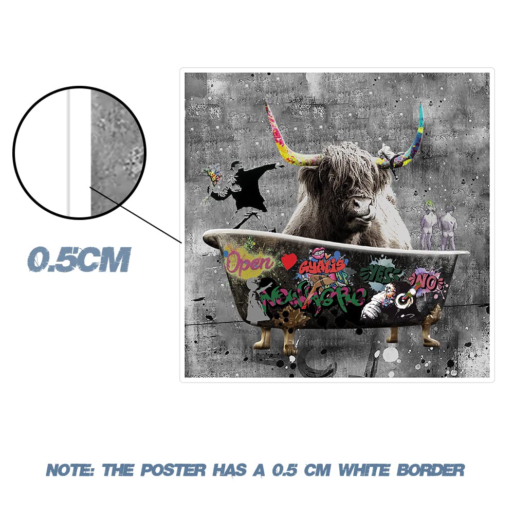 Funny Highland Cow Wall Art in Bathtub, Banksy Graffiti Canvas Wall Art, Black and White Cow In Bathroom Picture Farmhouse Style Wall Decor Posters Unframed 12x12 inch