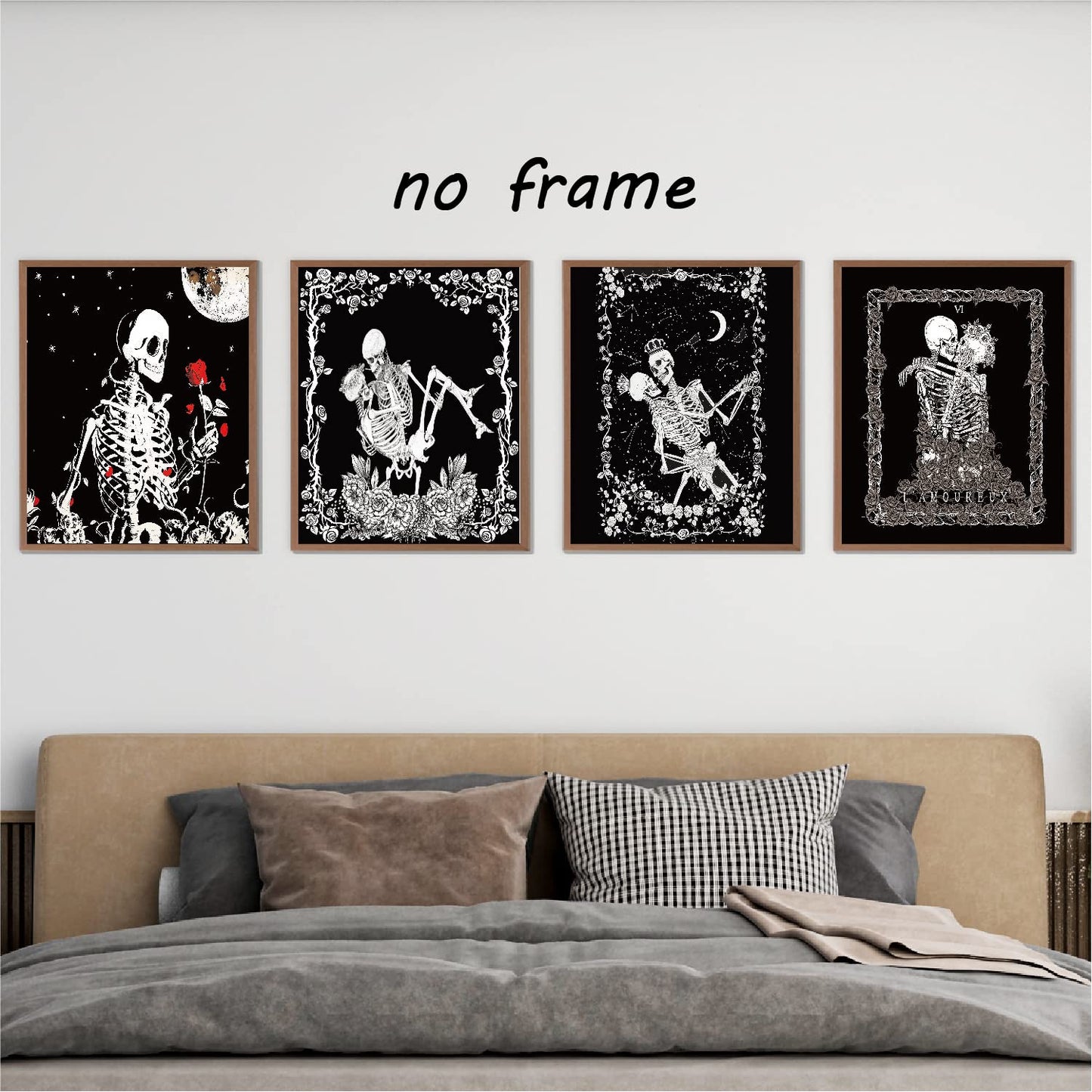 VNWEK Gothic Wall Art Poster Prints,Macabre Art Sugar Skull The Kissing Lovers Decorations for Goth Home Bedroom Girls Room,Couples Skull Lovers Gifts,Unframed 8”x10”Set Of 4