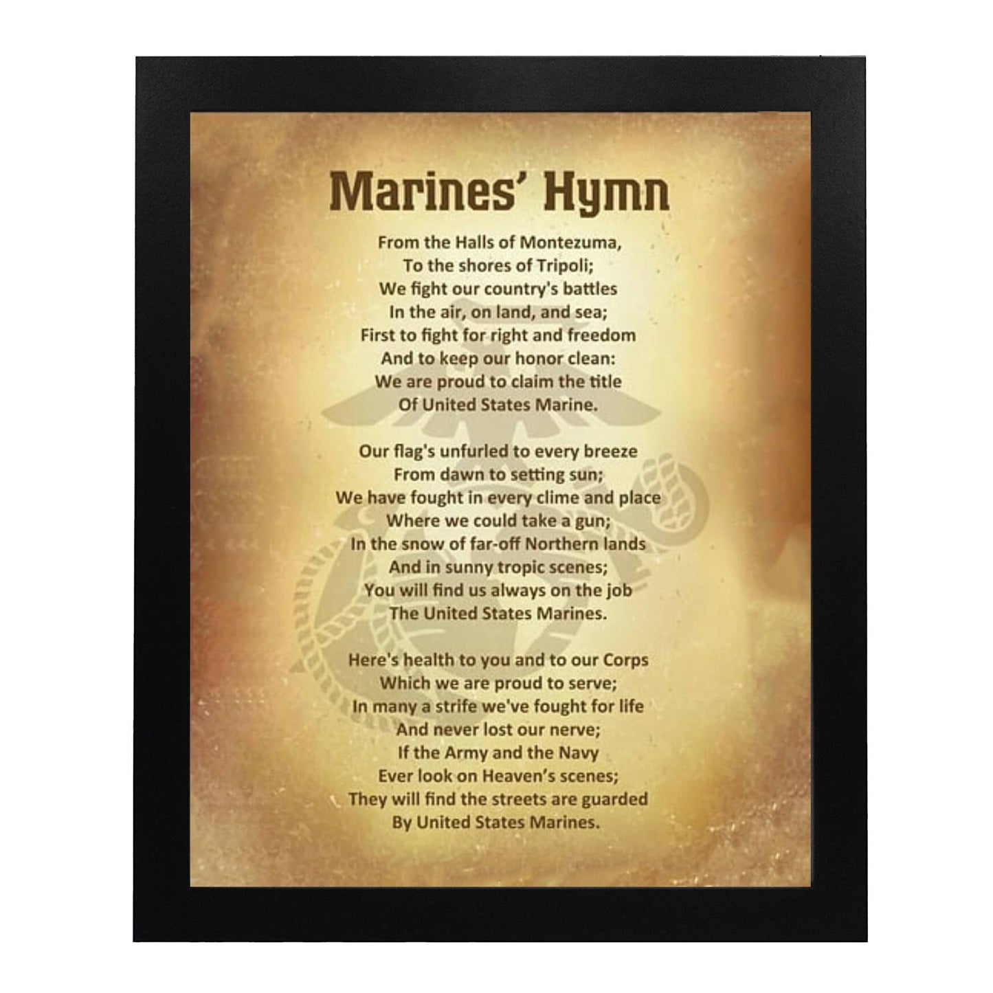 Marine Corps Hymn - Song Lyrics Wall Art Poster, This Ready to Frame Distressed Parchment Replica Logo Wall Art Decor Print is Good For Music Room, Office, and StudioRoom Decor, Unframed - 8X10”