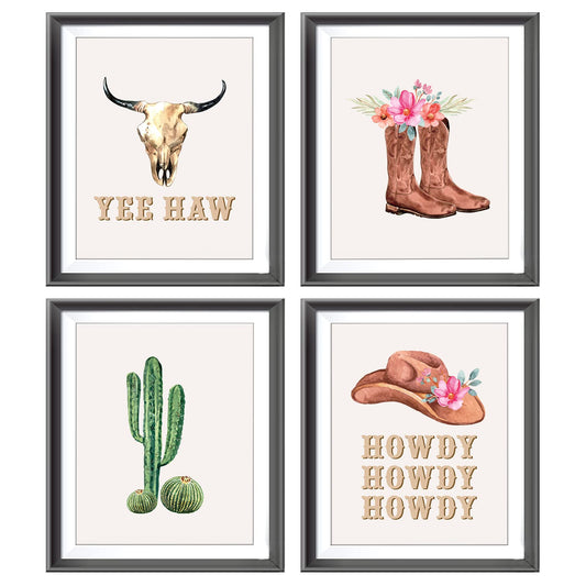 Yee Haw Howdy Cowgirl Floral Boots Hat Bull Skull Cactus Preppy Poster Prints for Girls Room Dorm Decor,Watercolor Retro Preppy Decorations Prints Wall Art Unframed 4pcs 8x10inches, Cowgirl Gifts