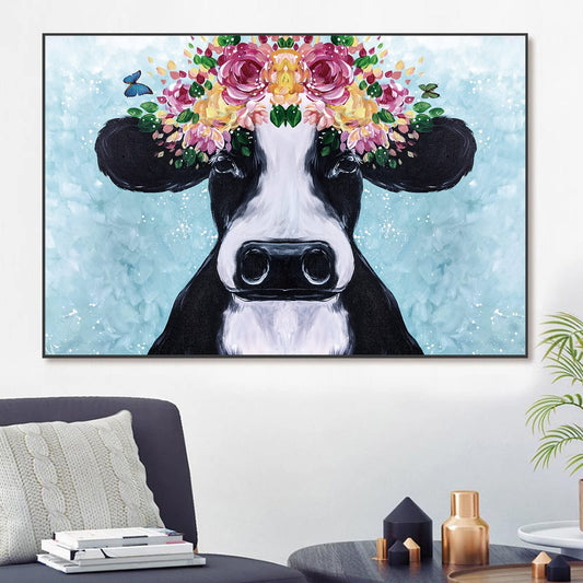 Modern Farmhouse Prints Colorful Cow Paintings Floral Cow Canvas Wall Decor Holstein Cow Poster Blue Cow Pictures Wall Decor Rustic Cow Art Flower Cow Painting Farm Animal Artwork 12x16inch Frameless