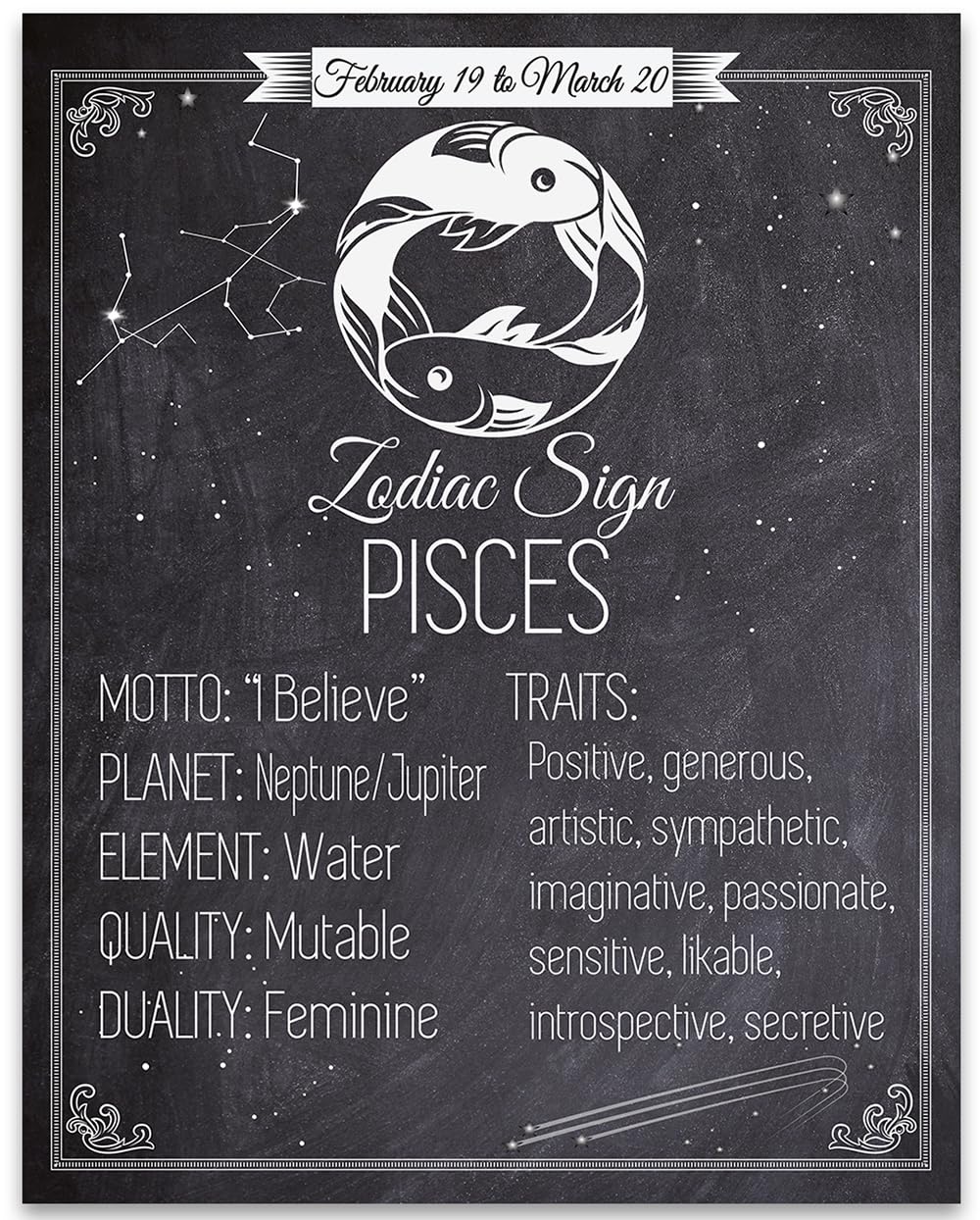 Astrology Posters - Zodiac Sign Pisces, The Fish -11x14 Unframed Art Print - Great Vintage Zodiac Poster, Astrology and Aptitude Vintage Home Wall Decor for Astrology Enthusiasts