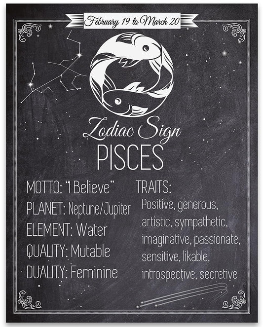 Astrology Posters - Zodiac Sign Pisces, The Fish -11x14 Unframed Art Print - Great Vintage Zodiac Poster, Astrology and Aptitude Vintage Home Wall Decor for Astrology Enthusiasts