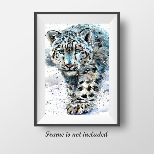 7Dots Art. Wild Animals. Watercolor Art Print, Poster 8"x12" (A4) on Fine Art Thick Watercolor Paper for Living Room, Bedroom, Bathroom, Kid's Room. Wall Art Decor with Animals. (Snow Leopard)