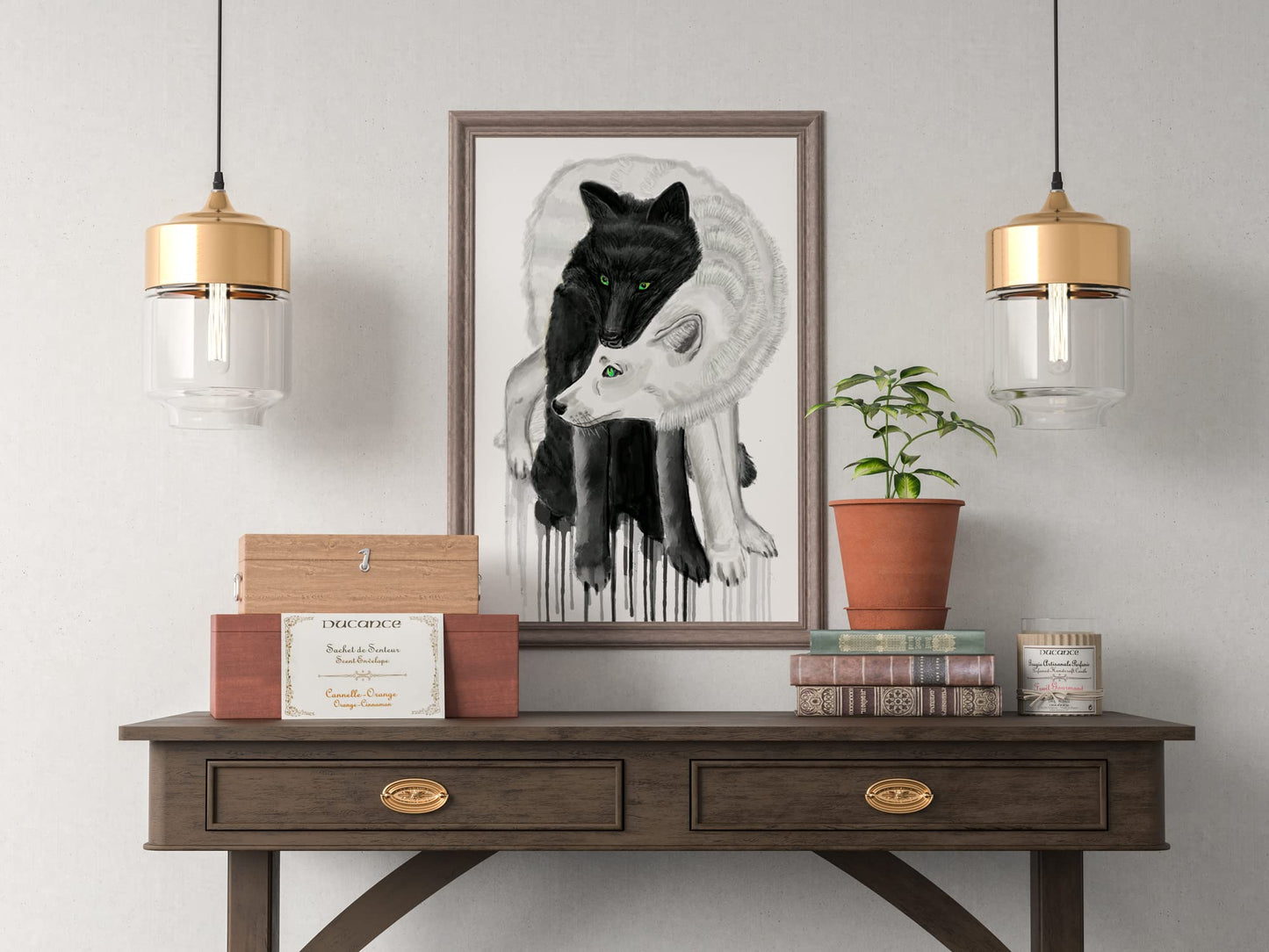 7Dots Art. Black and white Wolves Couple. Romantic Animals Family Series. Art Print, Poster 8"x10" on Fine Art Thick Watercolor Paper for Living Room, Bedroom, Bathroom. Wall Art Decor. (Wolf)