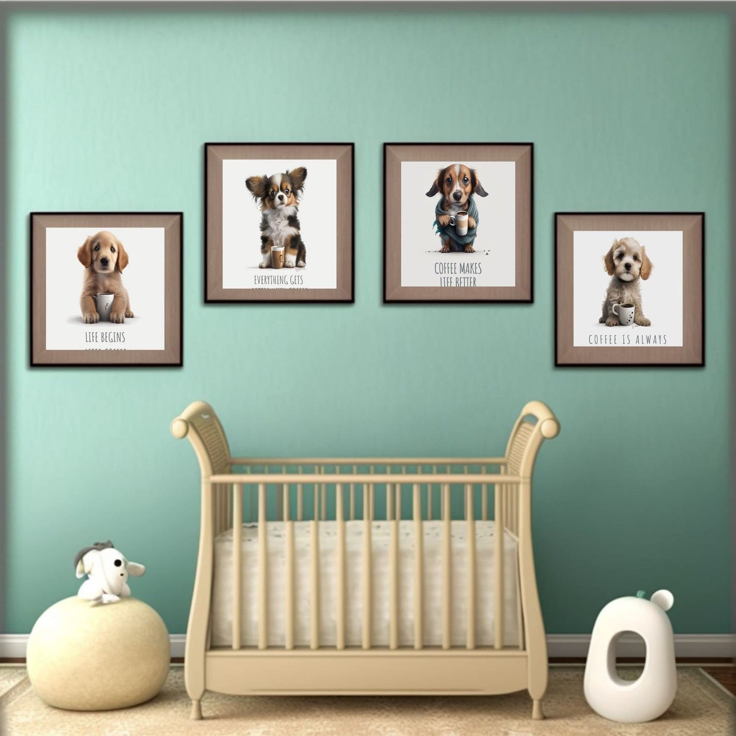 HT LIFE Funny Dog Decor Dog Lovers Wall Art Home Decor Poster Dog Wall Art-Set of 4 (8x10) Funny Animal Wall Art Posters - Cute Poster Funny Wall Art Dogs Who Love Coffee Unframed