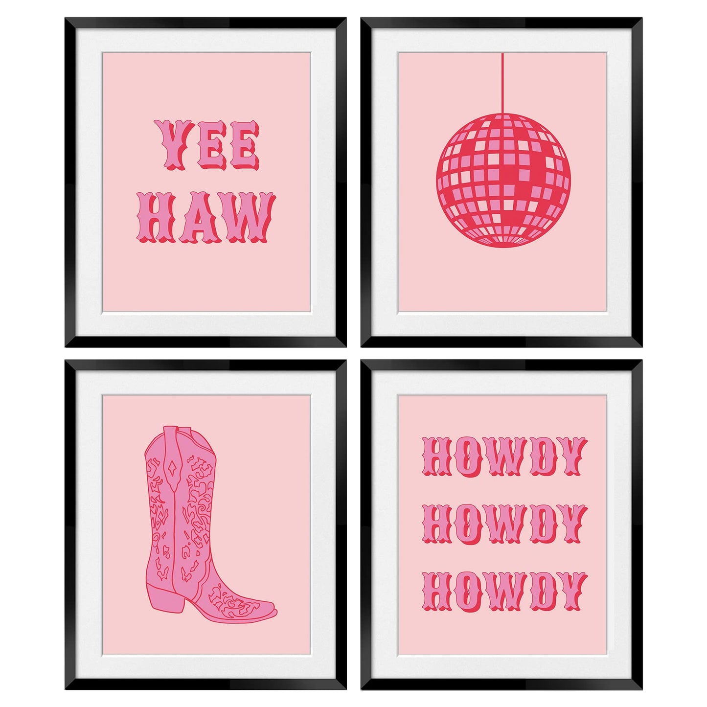 OGILRE Pink Abstract Disco Ball Cowgirl Boots Howdy Yee Haw Wall Art Decorations Prints, Cowgirl Boho Poster, 8x10 Inch 4 Set Unframed