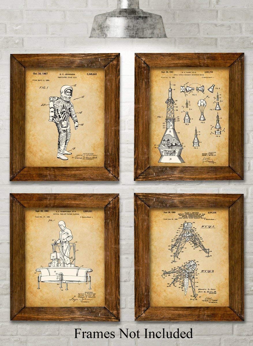 NASA Space Patent Prints - Vintage Space Art Posters, Astronomy Science Room Decoration, Outer Space Accessories and Great Aerospace Engineer Gifts, Set of 4 Photos (8x10) Unframed Posters