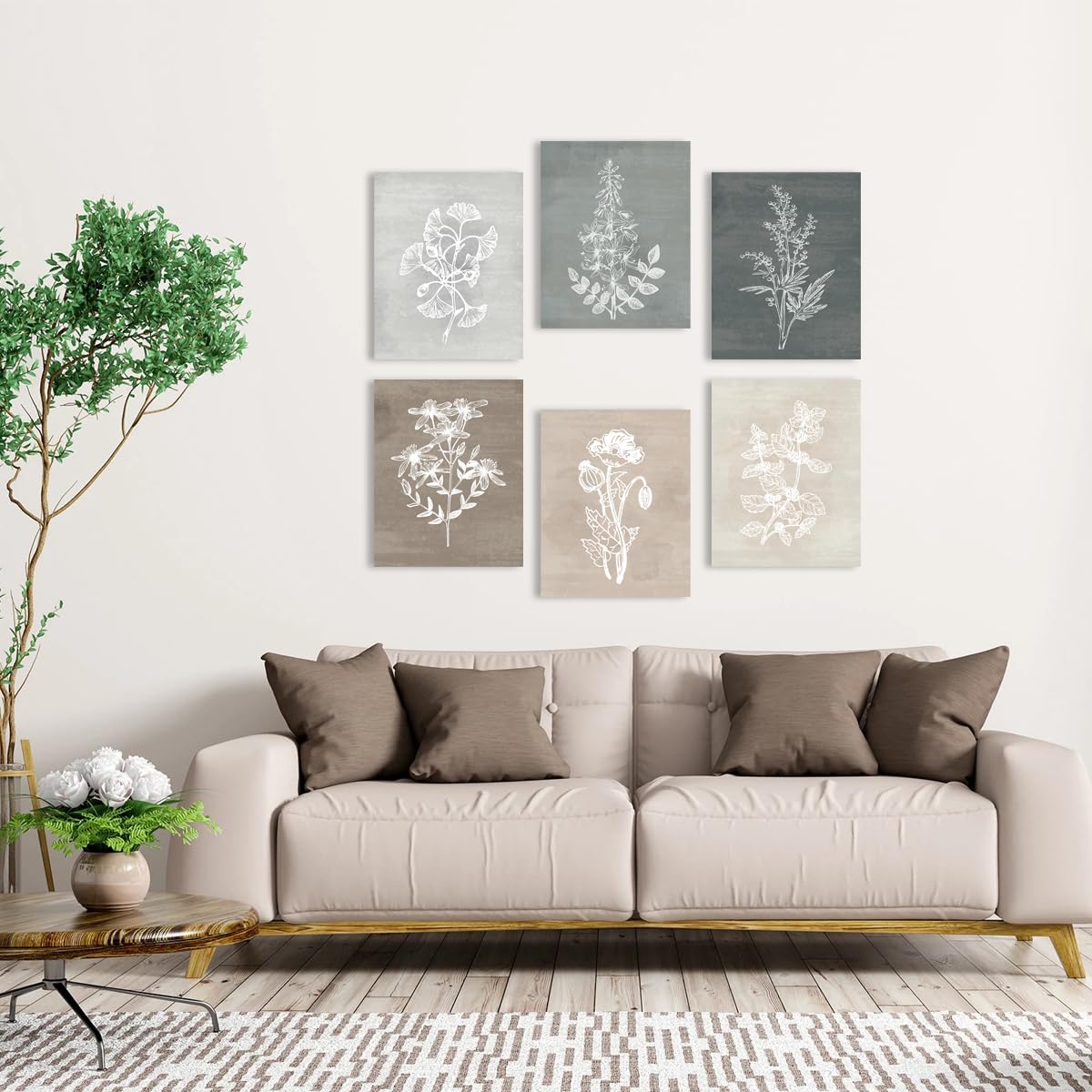 BINCUE Neutral Botanical Canvas Wall Art Boho Flower Plant Framed Wall Decor for Living Room Bedroom Dining Room 6 Panel 8x10 Inches