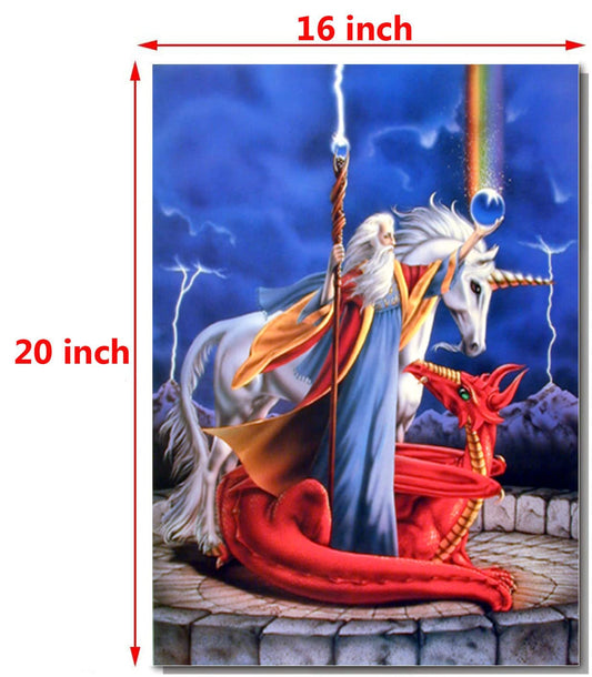Unicorn Storm Chaser Wizard Fantasy Kids Red Dragon Room Wall Decor Art Print Poster (16x20)