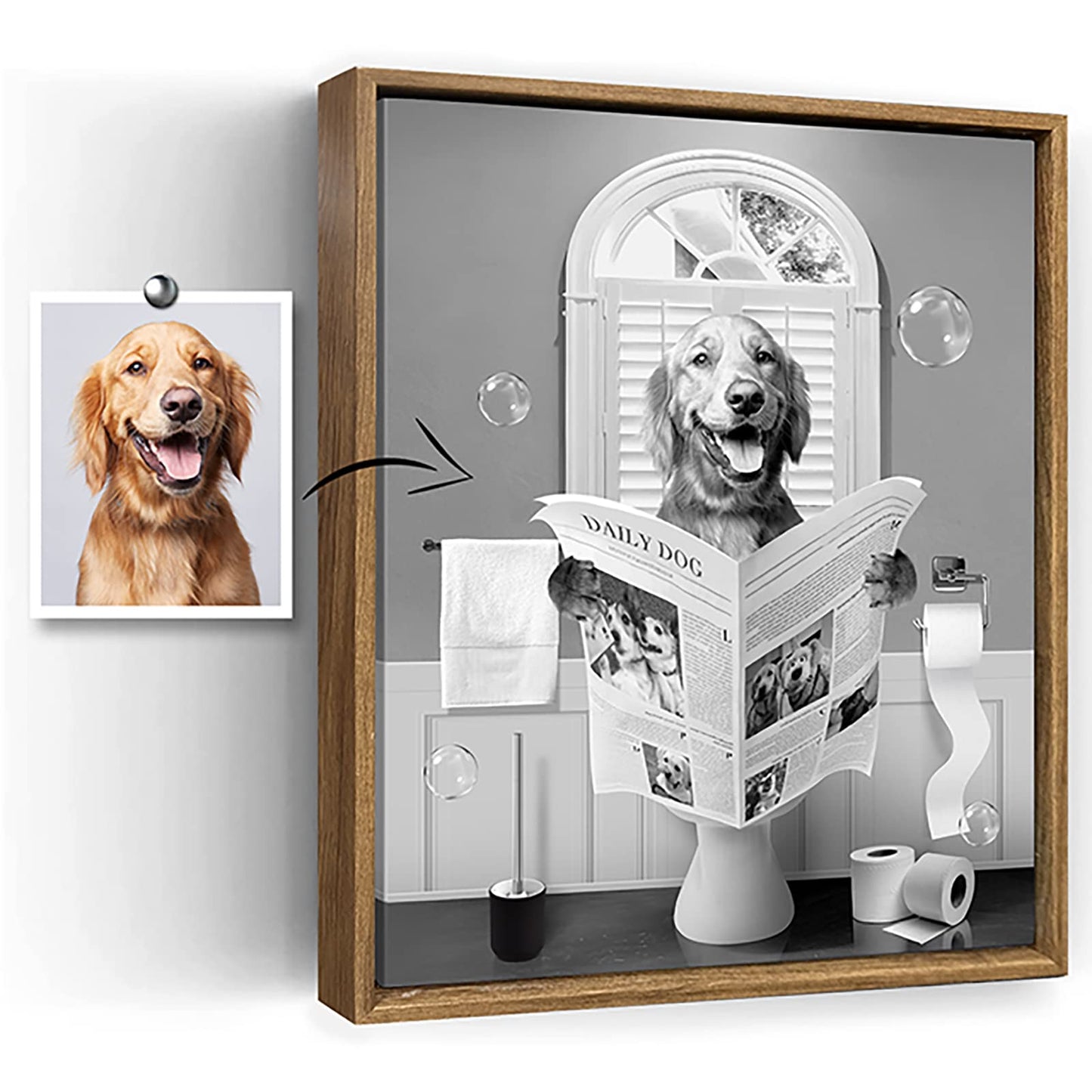 Custom Pet Portrait Wall Art Black and White Memorial Pet Loss Picture Funny Dog in Toilet Canvas Print Wall Art Personalized Pet Gift Custom Pet Poster Prints Framed for Living Room Kids Bathroom