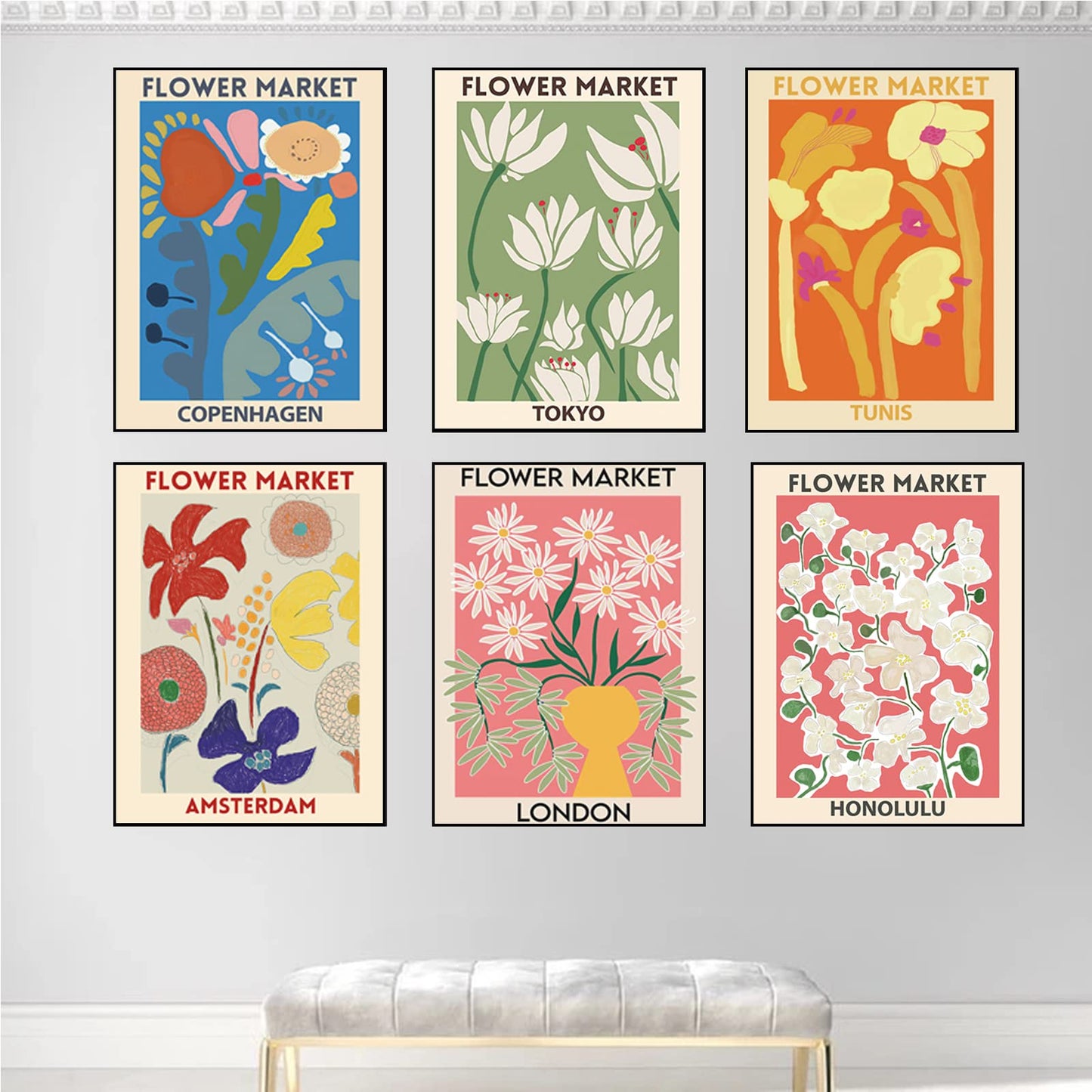 Flower Market Poster Set Of 6 ,Flower Market Wall Art Flower Market Poster London Tokyo Copenhagen Flowers Wall Art Painting Prints Flower Picture Wall Decor for Living Room Bathroom Decor Unframed