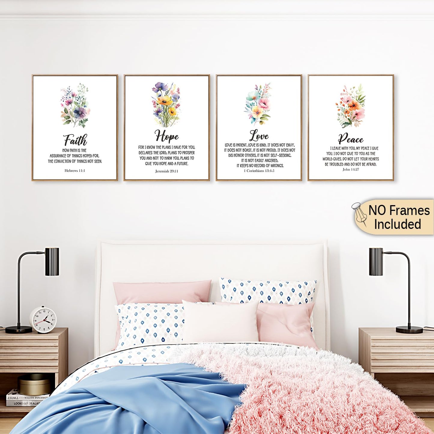 Biblical Inspirational Wall Art Posters, Motivational Bible Verse Printable, Faith Hope Love Peace Wall Art, Set of 4 8x10 In Bible Art, Scripture Wall Art, Christian Wall Decor, Bedroom Psalm Prints