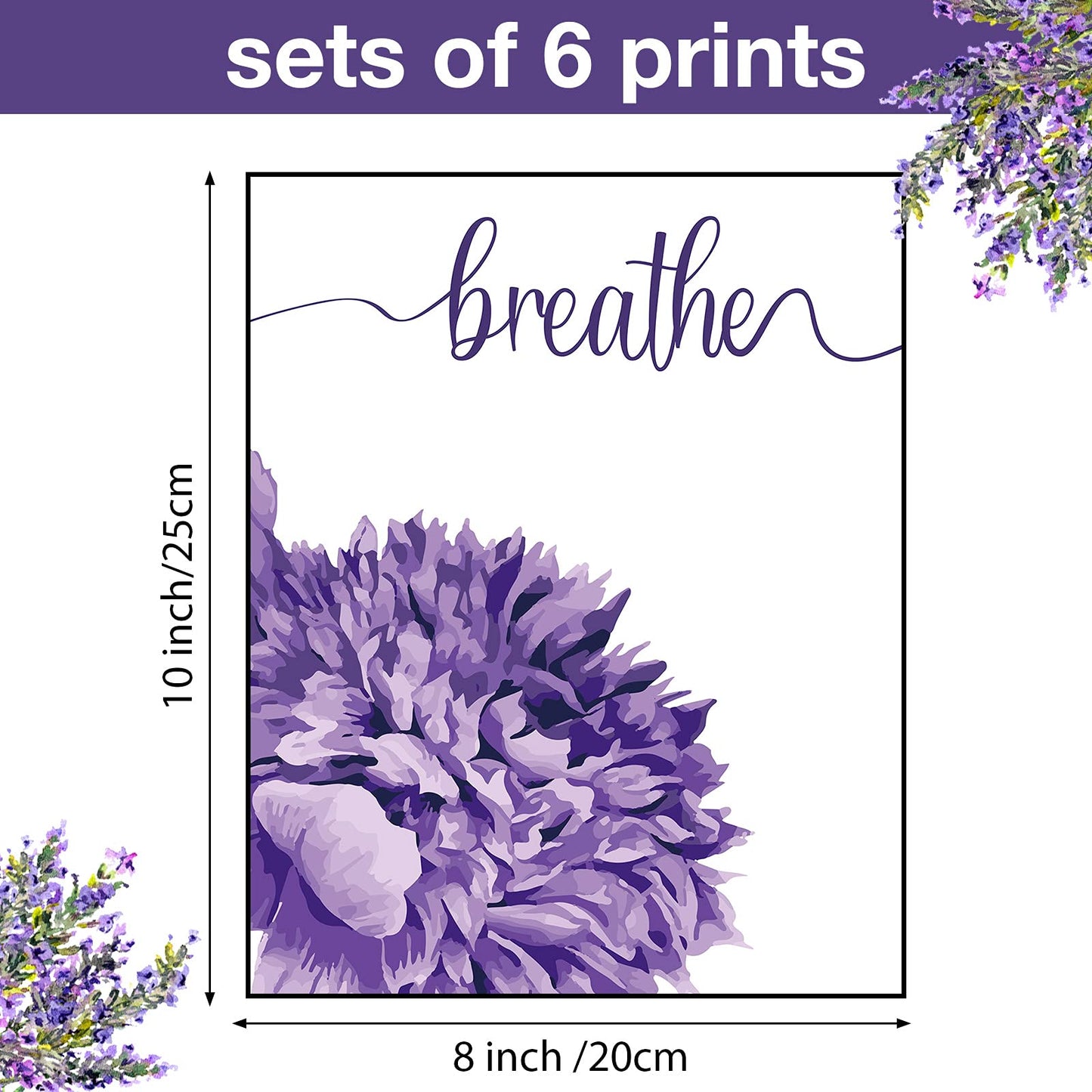 6 Pieces Purple Wall Art Decor Relax Soak Wash Breathe Unwind Bathroom Decor Unframed Flower Poster Prints Photos Farmhouse Wall Painting Decor for Home Bathroom Washroom, 8 x 10 Inch (Purple)