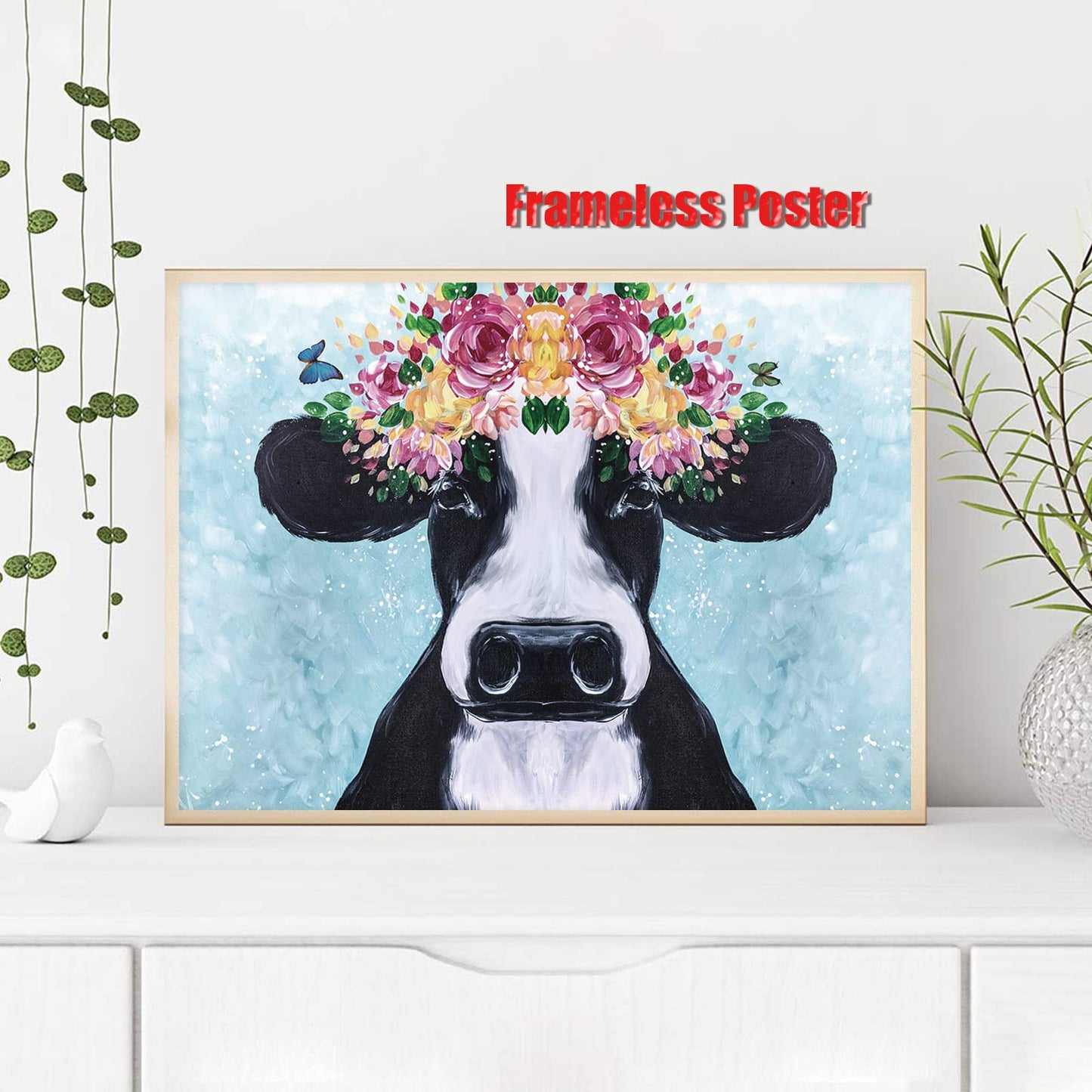 Modern Farmhouse Prints Colorful Cow Paintings Floral Cow Canvas Wall Decor Holstein Cow Poster Blue Cow Pictures Wall Decor Rustic Cow Art Flower Cow Painting Farm Animal Artwork 12x16inch Frameless