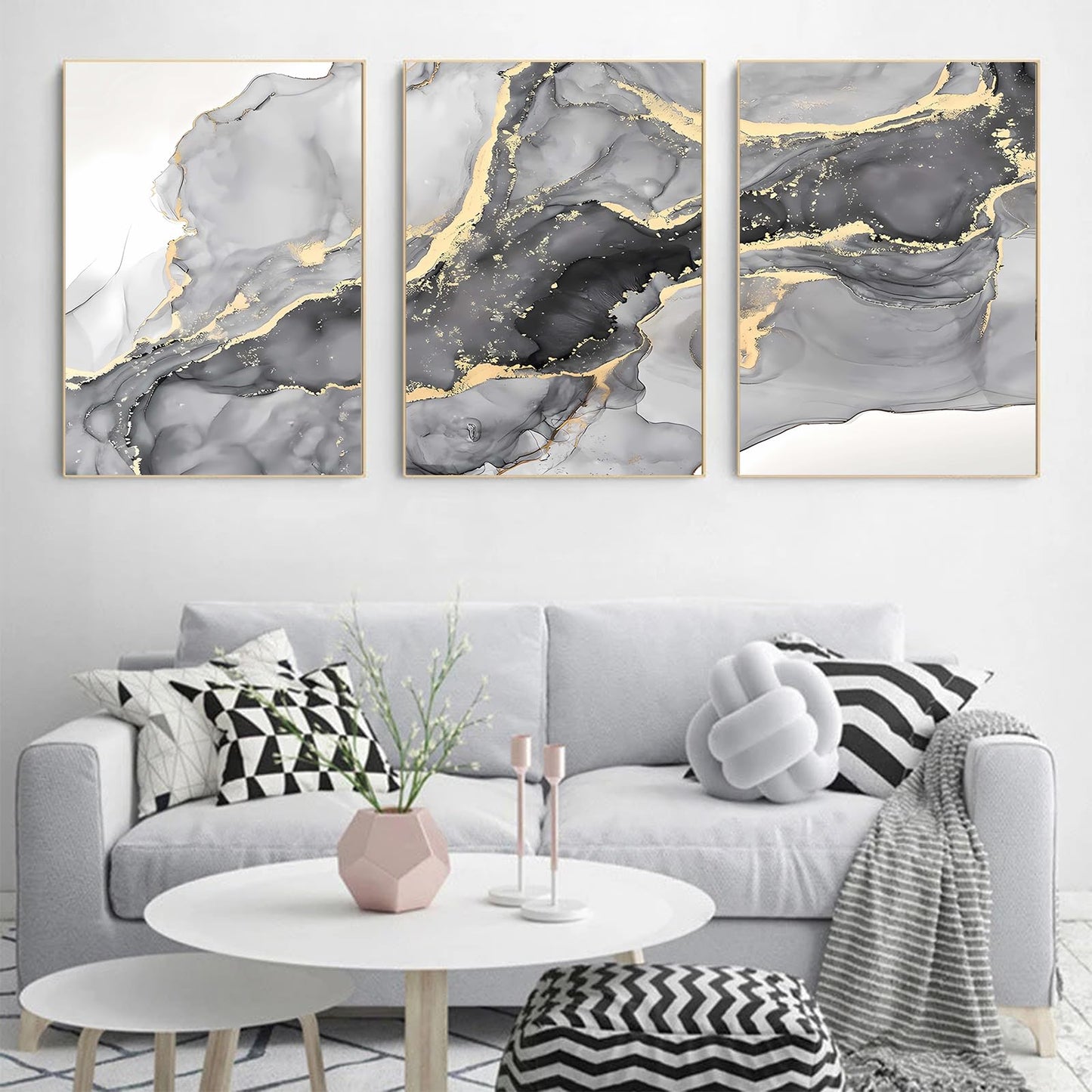 Recrtain Grey Gold Canvas Painting Abstract Wall Art Pictures Modern Marble Posters and Prints for Living Room Interior Home Decor Unframed