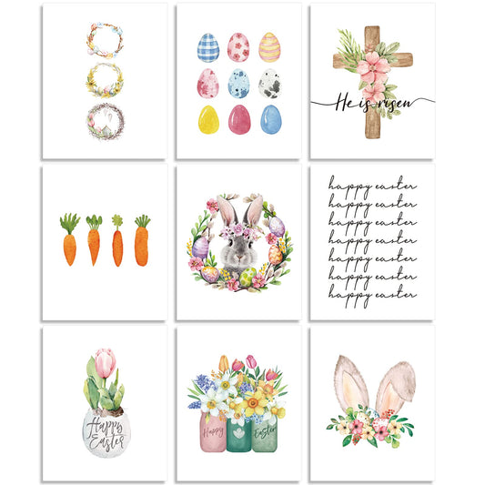 Whaline 9Pcs Happy Easter Wall Art Prints Bunny Egg Carrot Rabbit Floral Printed Paper Art Posters Minimalism Decorative Wall Decor for Home Gallery Living Room Bedroom Decor, 8 x 10 Inch, Unframed