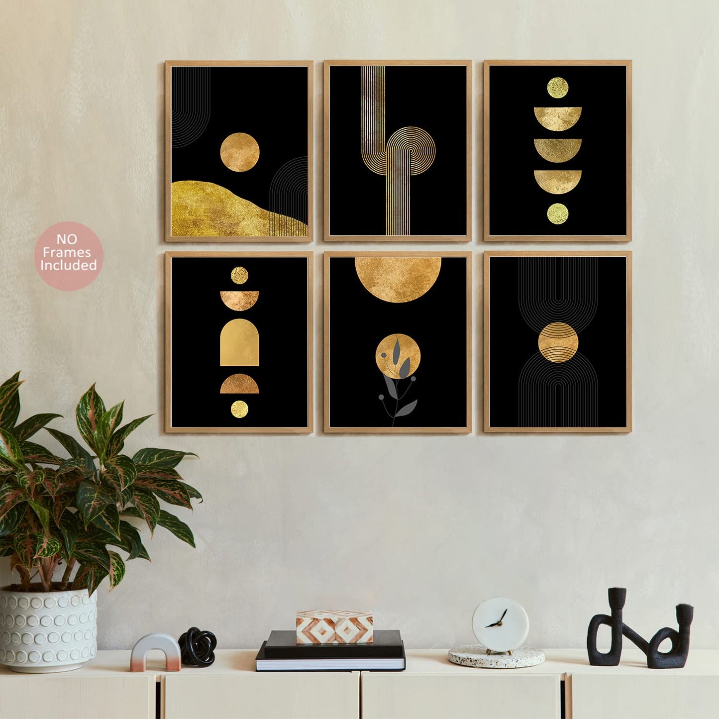 Black Art wall Decor,Boho Room Wall Art Decor, Gold and Black Boho Wall Art Prints Set of 6 (8x10)Minimalist Geometric Boho Art Wall Posters for Bedroom Living Room Bathroom Mid-Century Decor