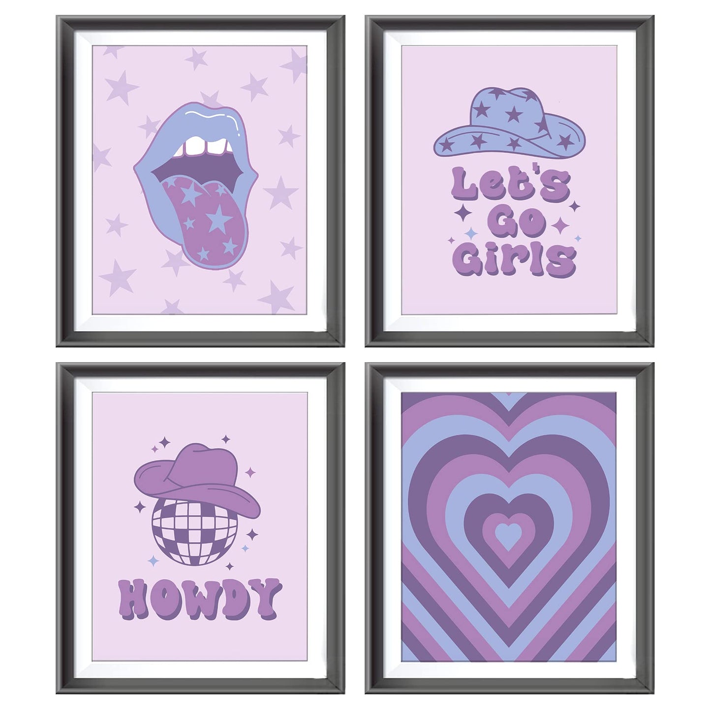 Purple Preppy Howdy Cowgirl Hat Disco Ball Glitter Tongue Poster Prints for Girls Room Dorm Decor,Let’s Go Girls Inspirational Decorations Prints Wall Art Unframed 4pcs 8x10inches,Teen Girls Gifts