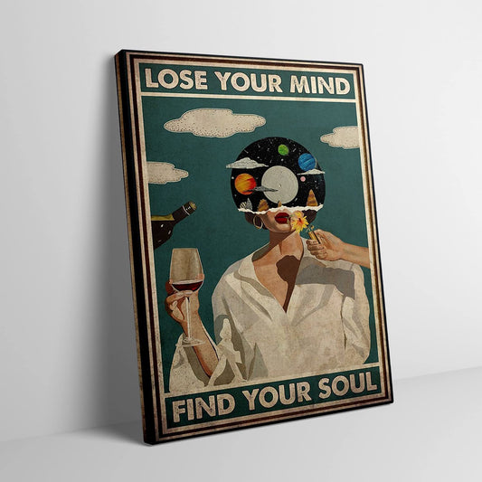 GUBIYU Vintage Poster Lose Your Mind Find Your Soul Art Print Girl Bed Room Wall Decor Mental Health Inspirational Quotes Canvas Music Girl with Red Wine Art Painting Abstract Wall Decor Teal 12"x16"