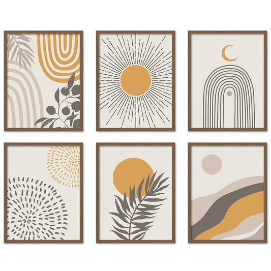 Boho Wall Art Room Decor 8x10 set of 6 Boho Posters, Mid Century Modern Prints for Wall Art, Sun Moon Desert Bedroom Decor