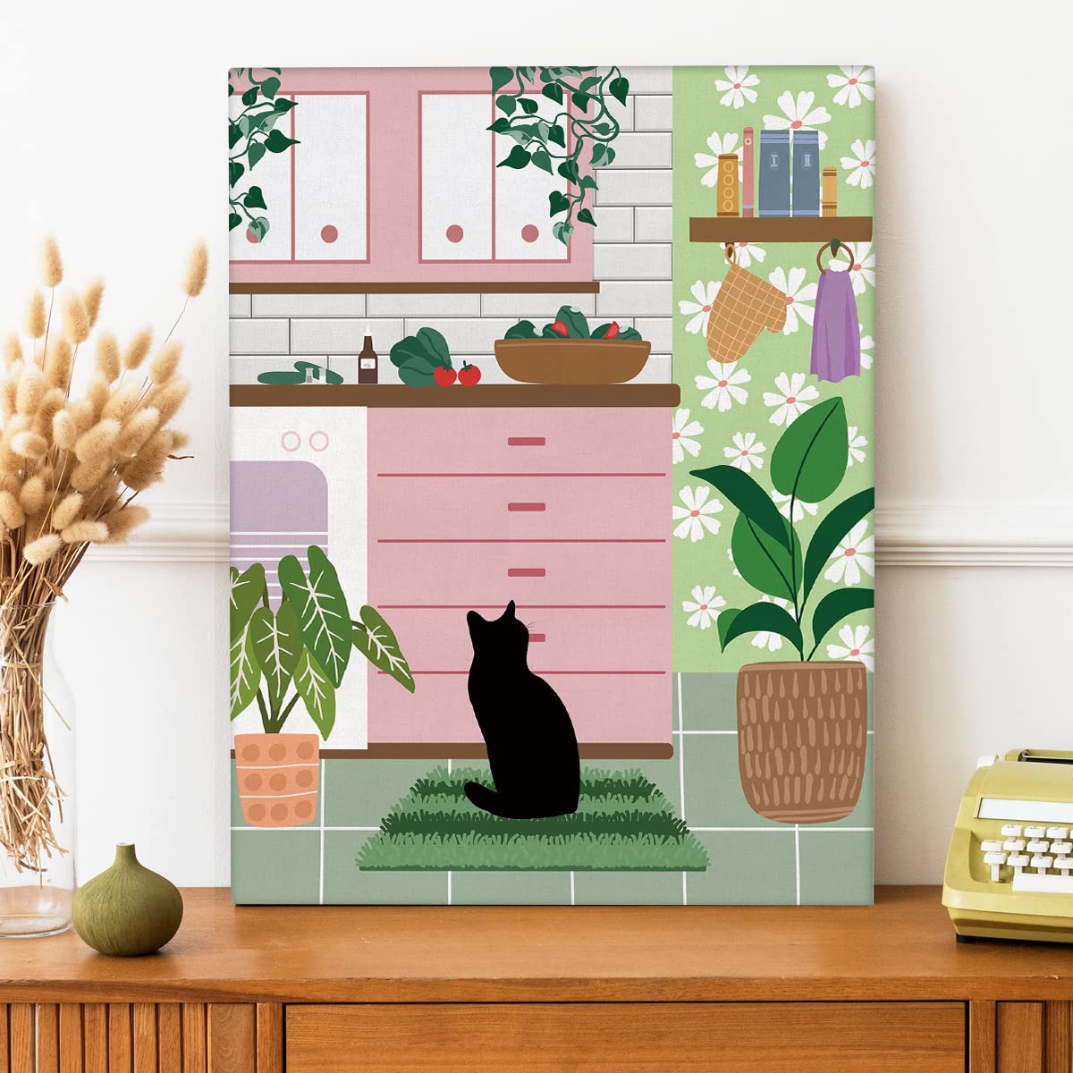 NISTOMISU Black Cat in the Pink Kitchen Canvas Prints Wall Decor Boho Botanical Black Cat Canvas Art Sign Canvas Poster Gifts for Home Kitchen Decor 11.5"x15"