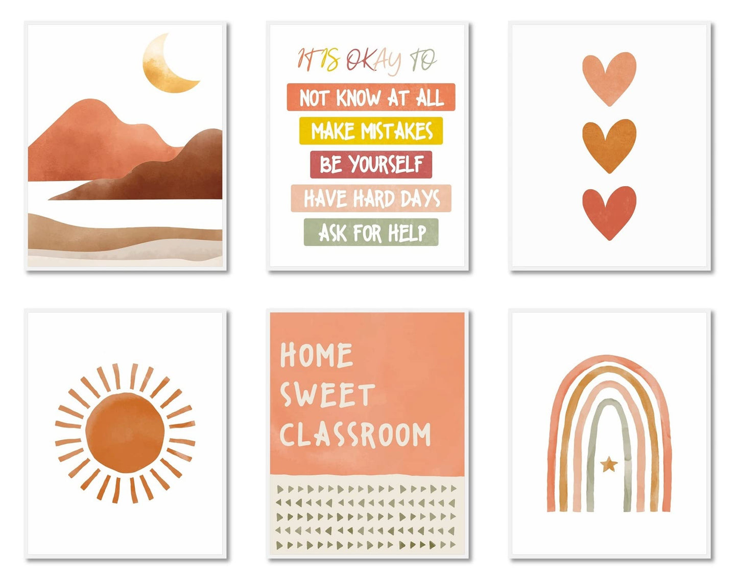 MINI ZOZI Boho Classroom Decor Wall Art 6 PCS 8X10 Prints Neutral Decorations Home Sweet Classroom Rainbow Inspirational Groovy Pastel Themes Bed Poster Kids Teachers Posters Playroom Kids Corner