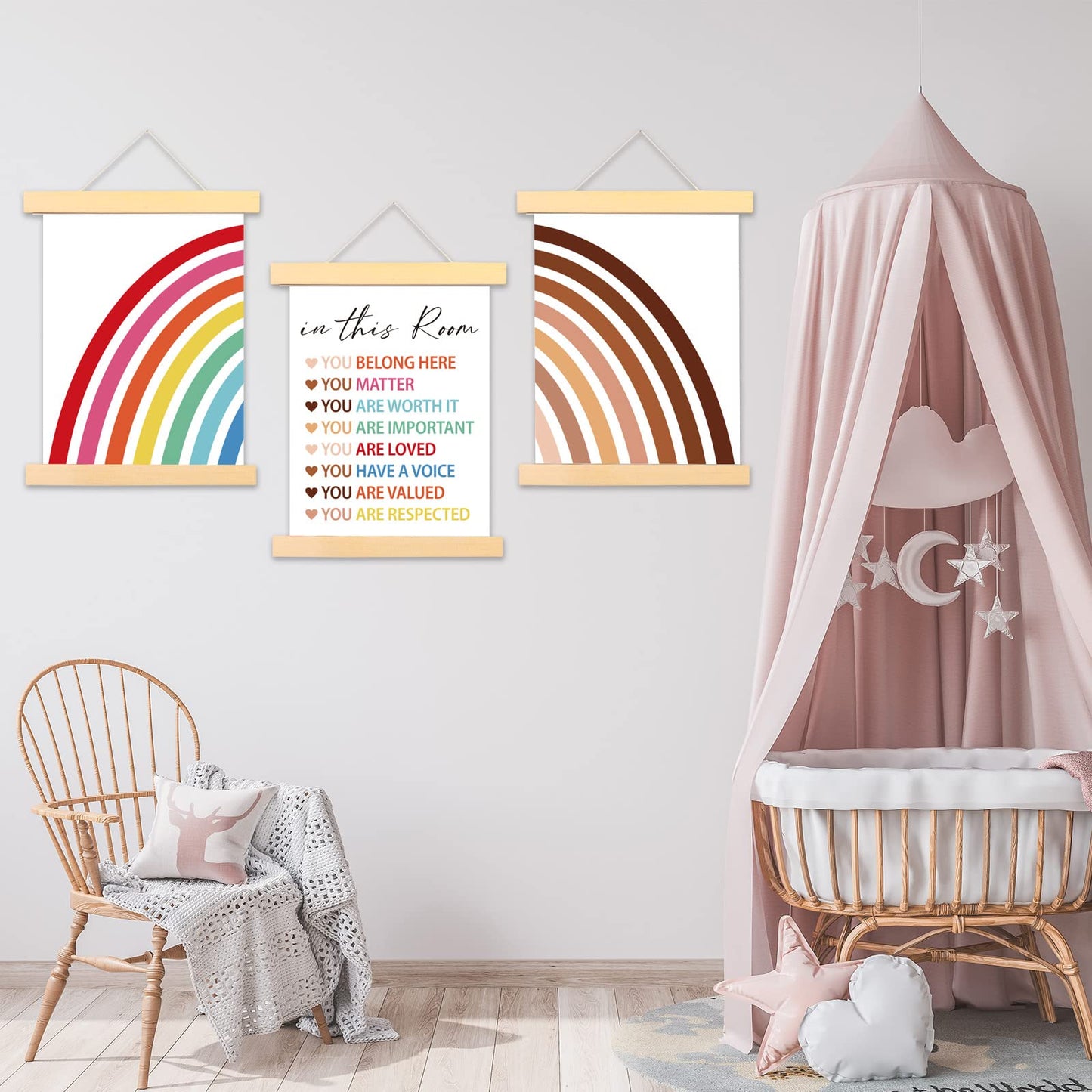 Whaline In this Room Sign Rainbow Poster Set Diversity Wall Art Boho Watercolor Canvas Painting Prints Inspirational Scroll Painting for Classroom Office Wall Decor, 3Pcs, 8 x 10